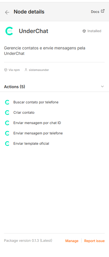 Detalhes do node UnderChat instalado no n8n com cinco ações disponíveis