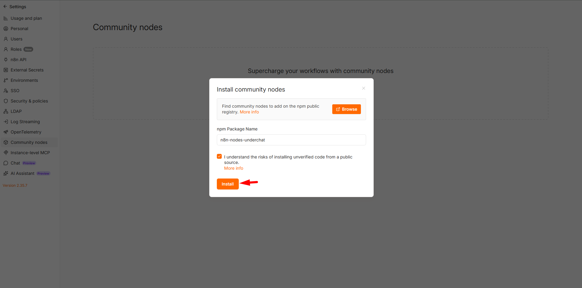Janela de instalação do n8n preenchida com o pacote n8n-nodes-underchat