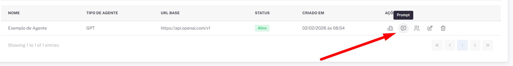 Agente criado na listagem com botão de Prompt
