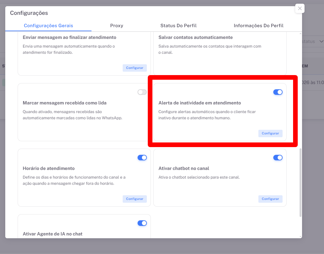 Configurações do canal