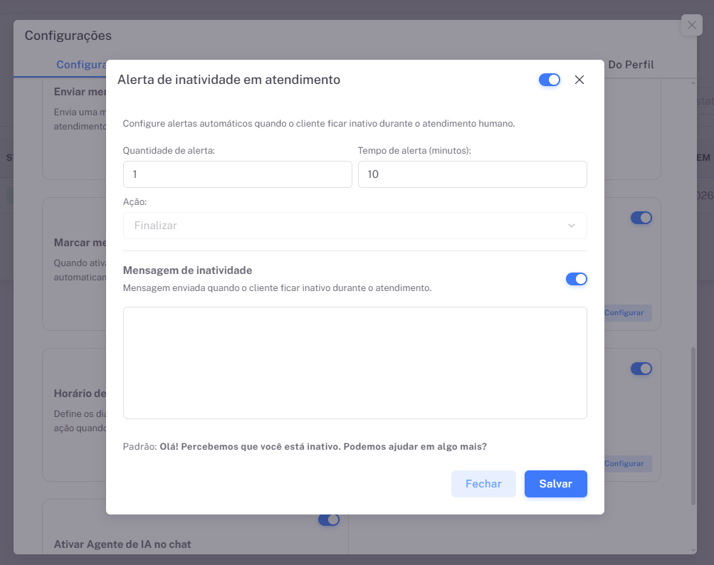 Configuração alerta de inatividade