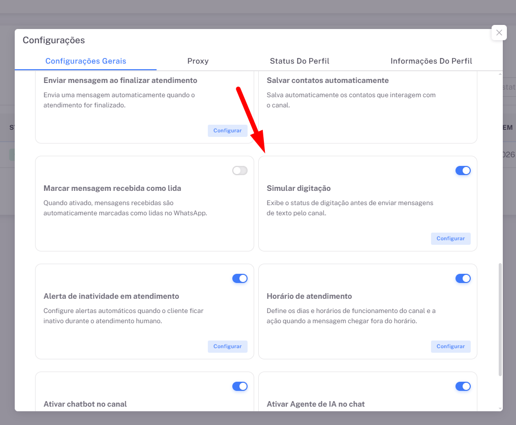 Configuração Simular digitação