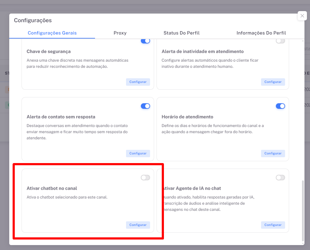 Tela ativar chatbot no canal