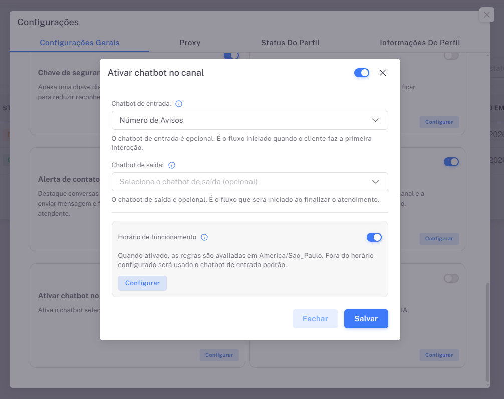 Selecionando chatbot de entrada