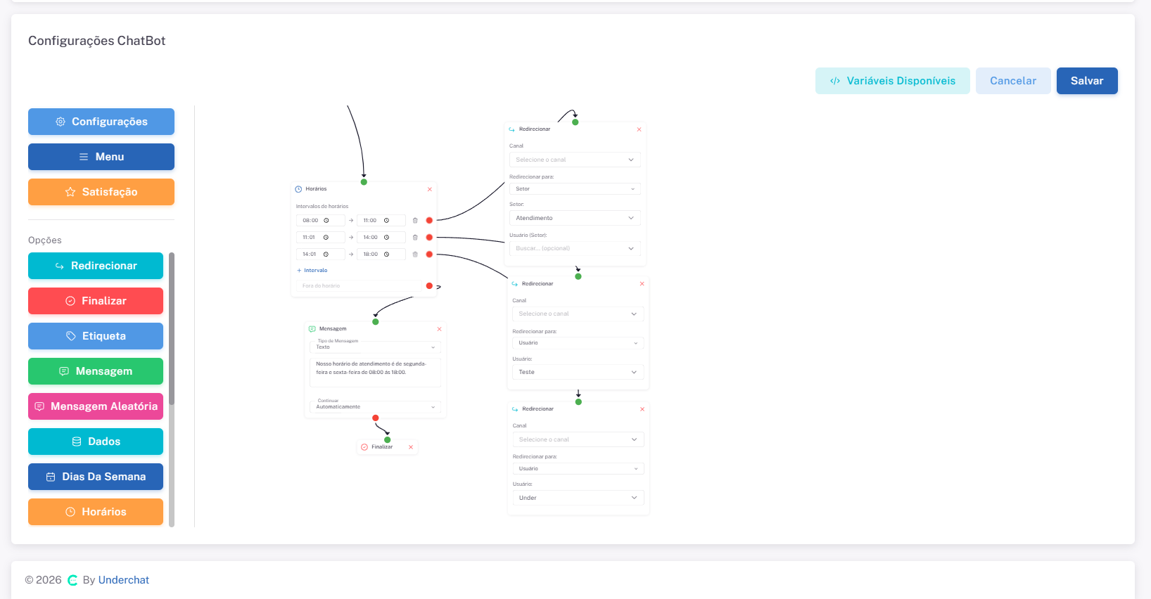 Exemplo de nó Horários no fluxo do ChatBot