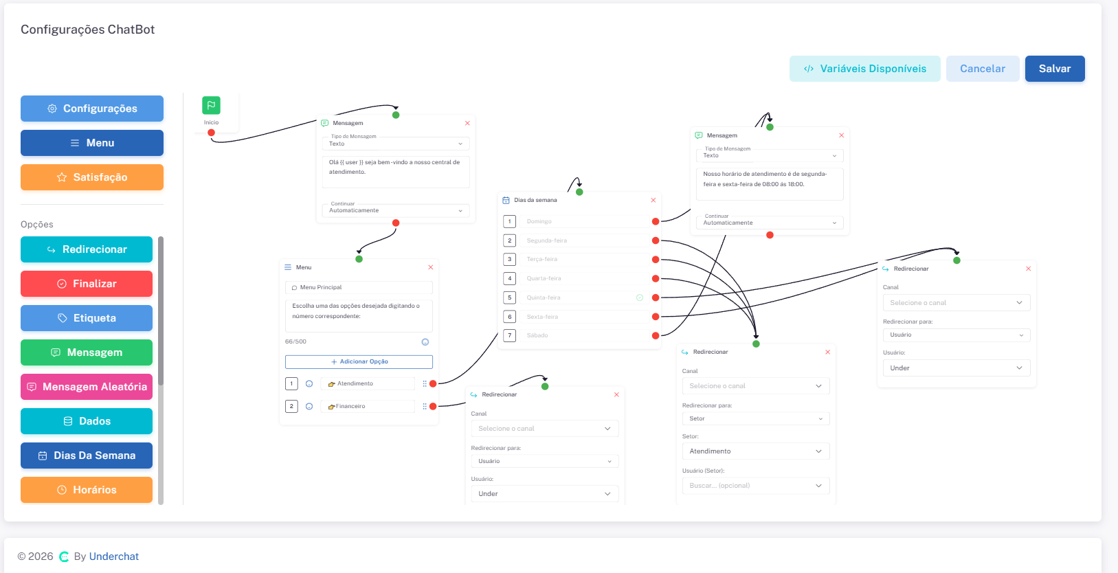 Exemplo de nó Dias da Semana no fluxo do ChatBot