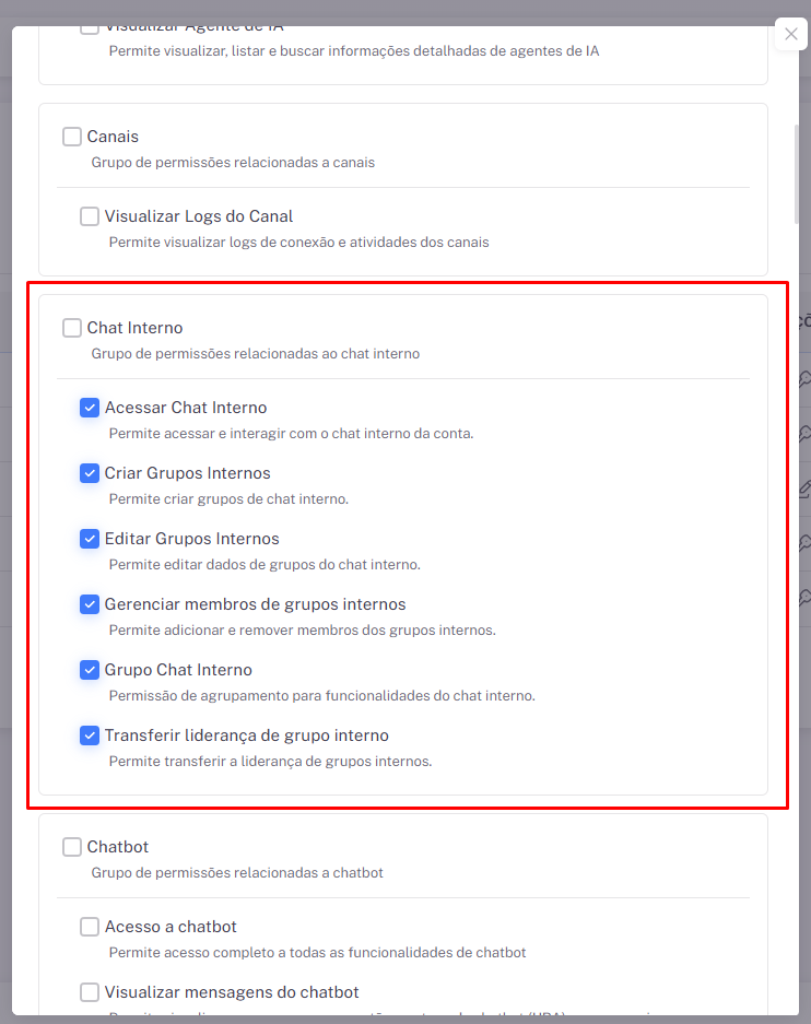 Permissões do Chat Interno