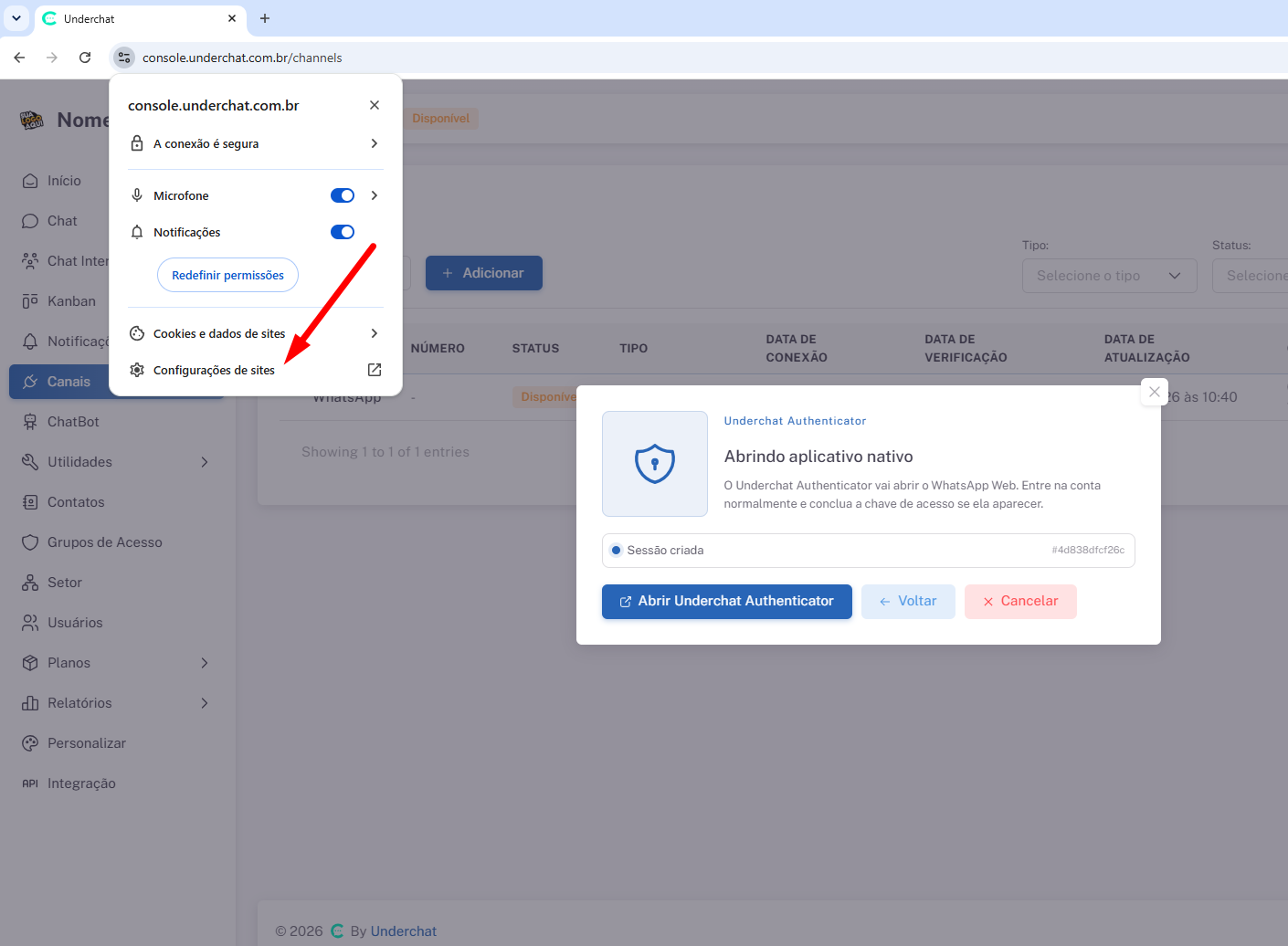 Abrindo configurações do site