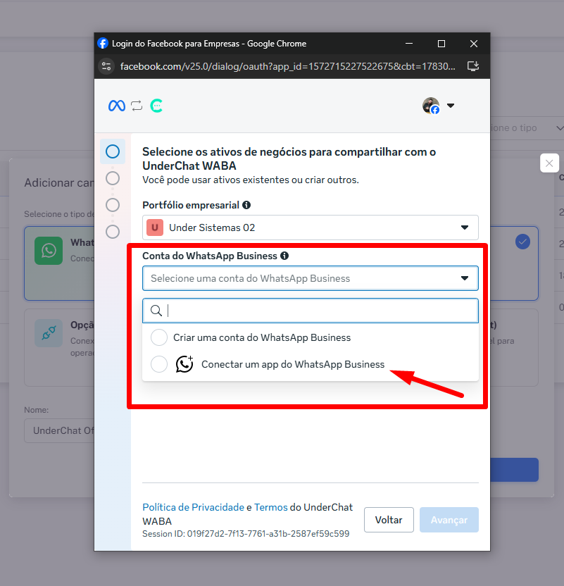 Selecionando conta do WhatsApp Business